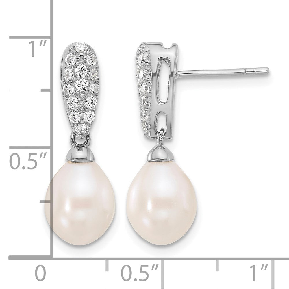 Sterling Silver RH-plated 8-9mm FWC Pearl and CZ Post Dangle Earrings