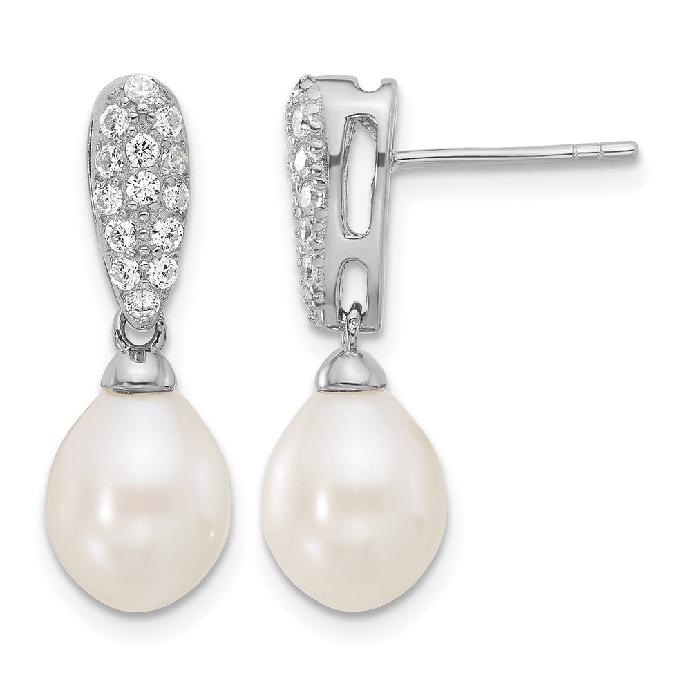 Sterling Silver RH-plated 8-9mm FWC Pearl and CZ Post Dangle Earrings