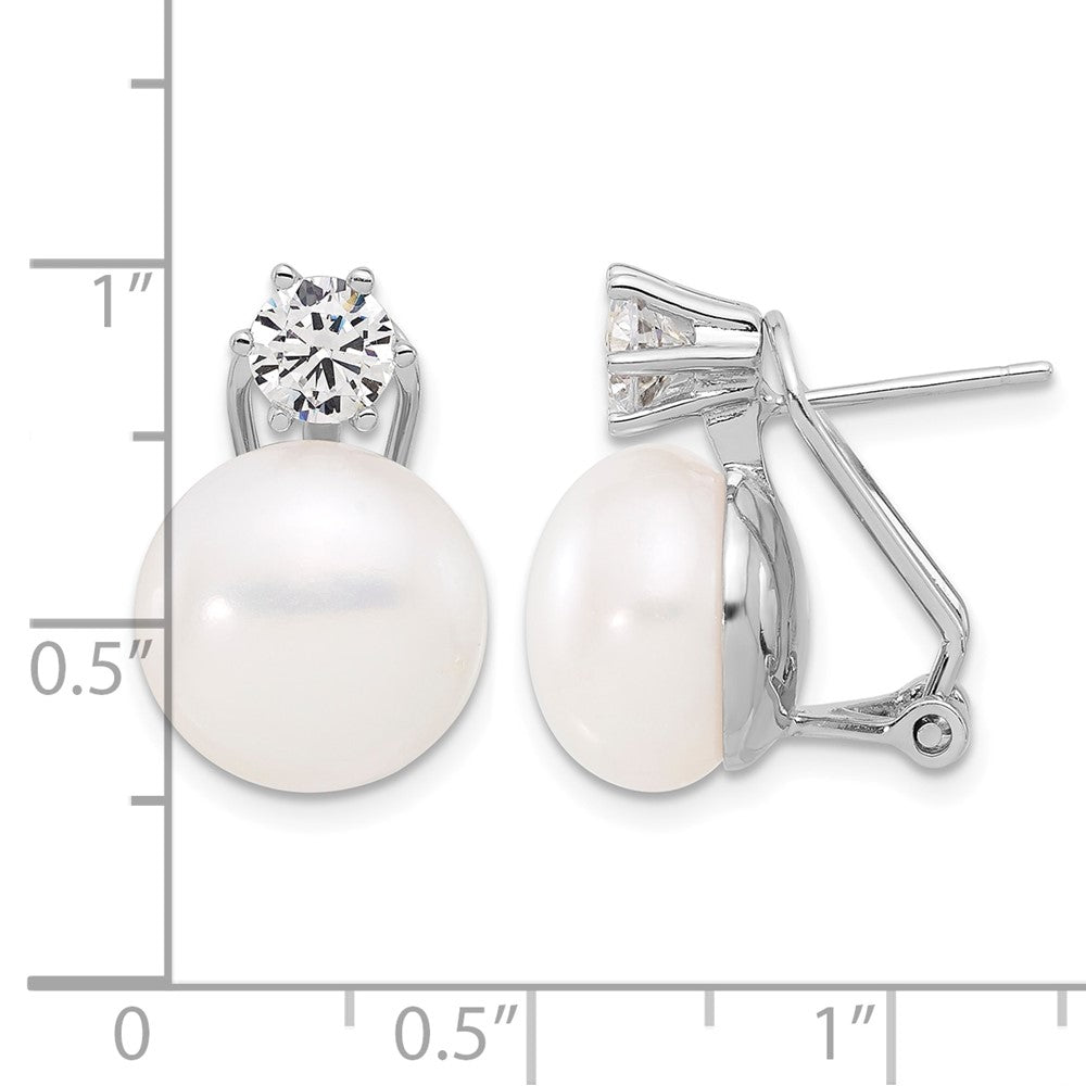 Sterling Silver RH-plated 12-13mm FWC Pearl and CZ Omega Back Earrings