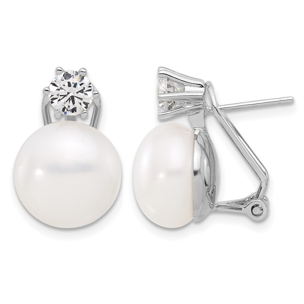 Sterling Silver RH-plated 12-13mm FWC Pearl and CZ Omega Back Earrings