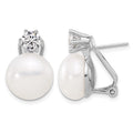 Sterling Silver RH-plated 12-13mm FWC Pearl and CZ Omega Back Earrings
