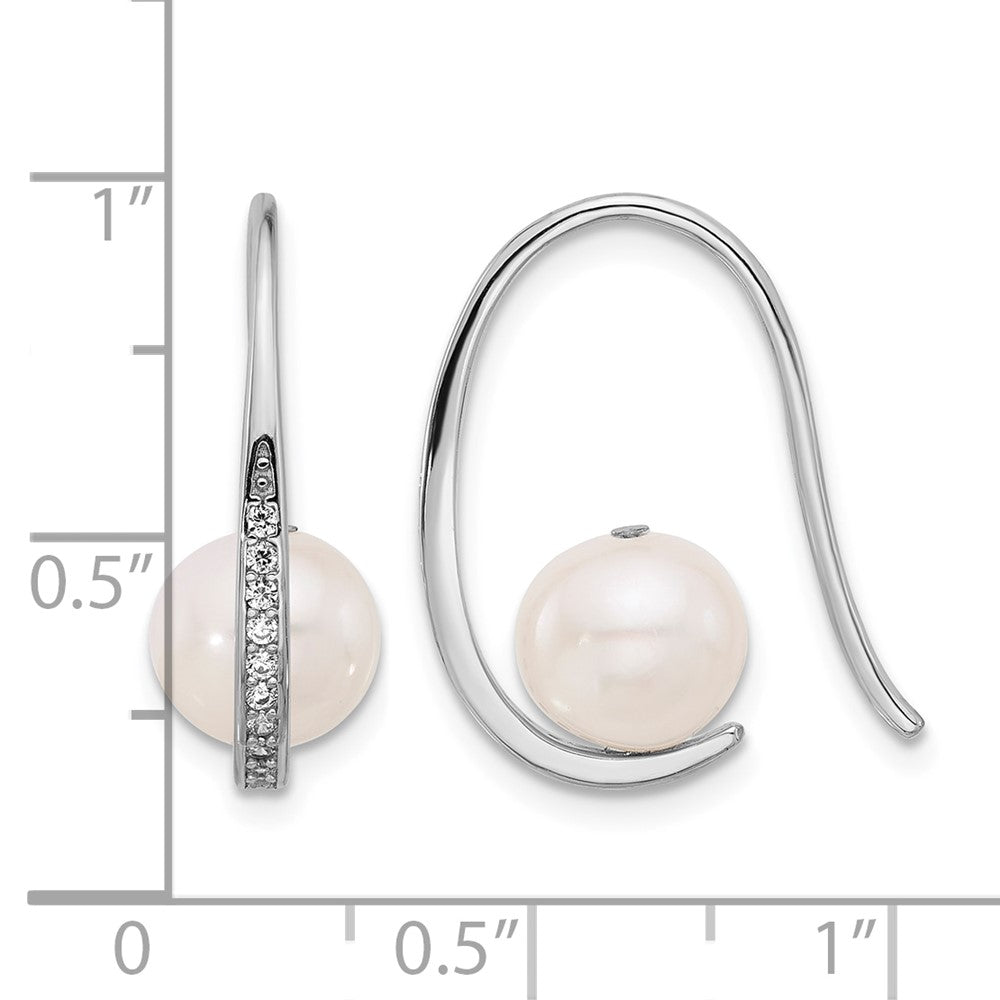 Sterling Silver RH-plated 8-8.5mm FWC Pearl/CZ Shepherd Hook Earrings
