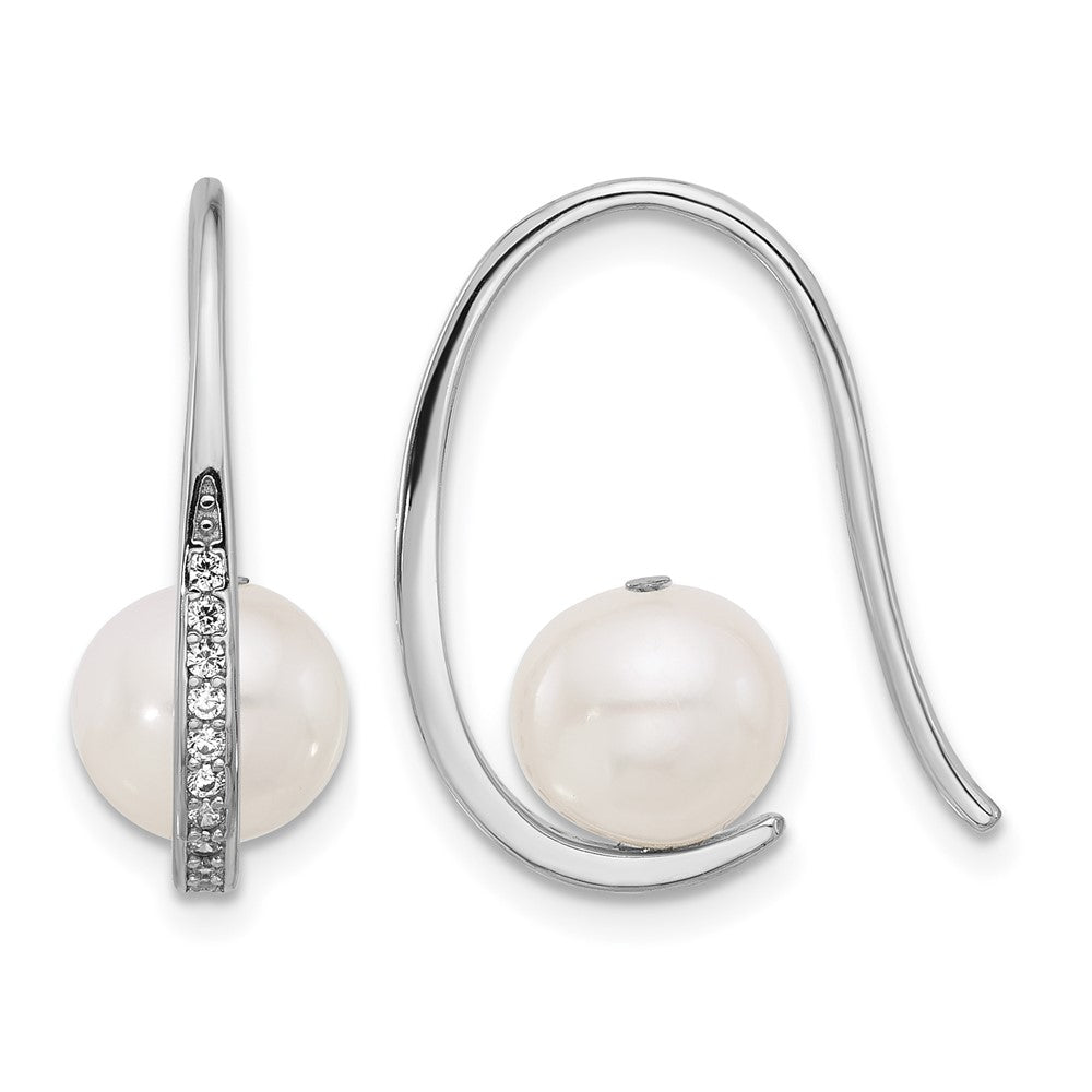 Sterling Silver RH-plated 8-8.5mm FWC Pearl/CZ Shepherd Hook Earrings