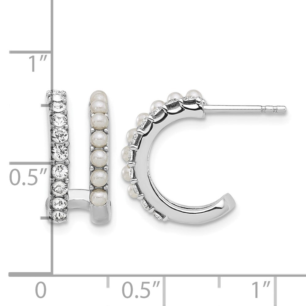 Sterling Silver RH-plated FWC Pearl and Crystal Double Post Hoop Earrings