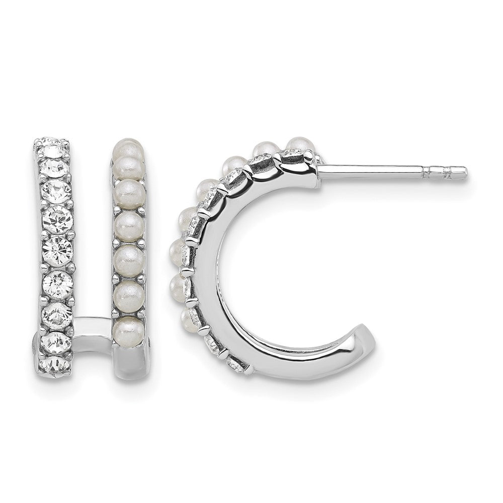 Sterling Silver RH-plated FWC Pearl and Crystal Double Post Hoop Earrings