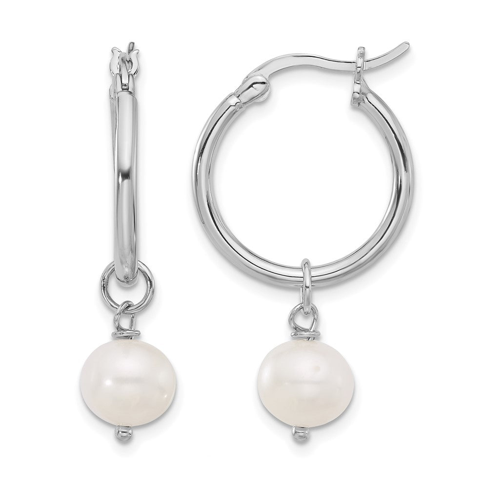 Sterling Silver RH-plated Polished FWC Pearl Dangle Round Hoop Earrings