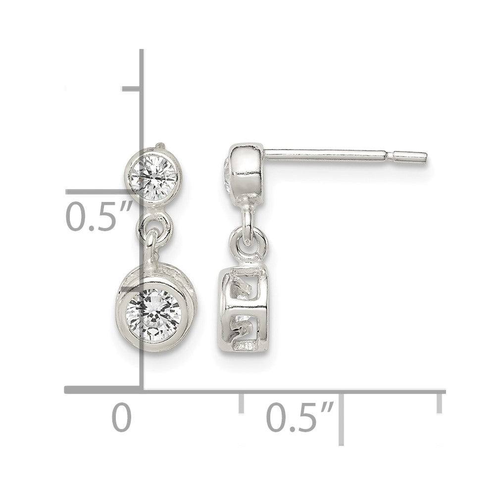 Sterling Silver Polished Round CZ Bezel Set Post Dangle Earrings