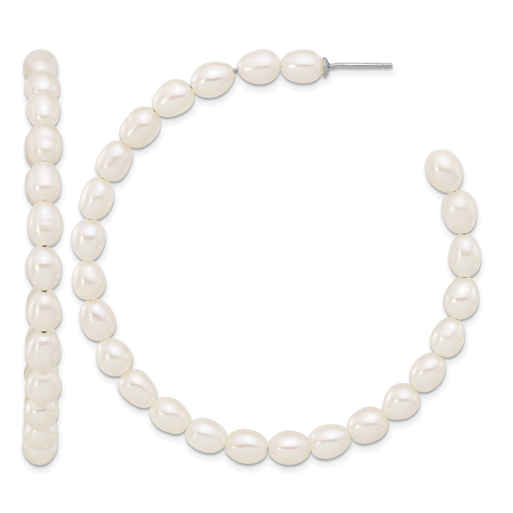 Sterling Silver RH-plated 5-6mm Rice FWC Pearl Post C-Hoop Earrings