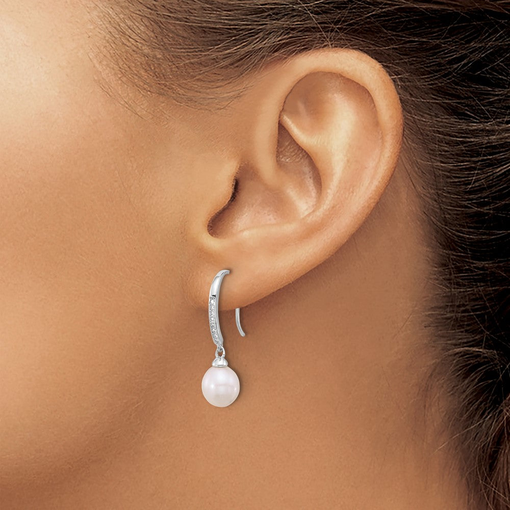 Sterling Silver RH-plated Polished 7-8mm FWC Pearl and CZ Dangle Earrings
