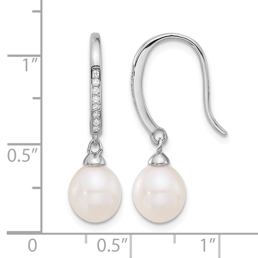 Sterling Silver RH-plated Polished 7-8mm FWC Pearl and CZ Dangle Earrings
