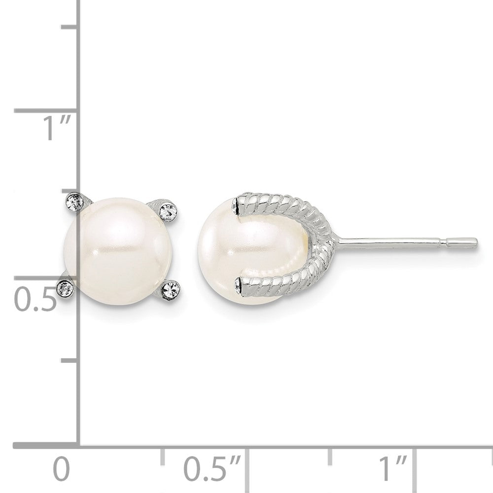 Sterling Silver Polished/Twisted CZ and Synthetic Pearl Post Earrings