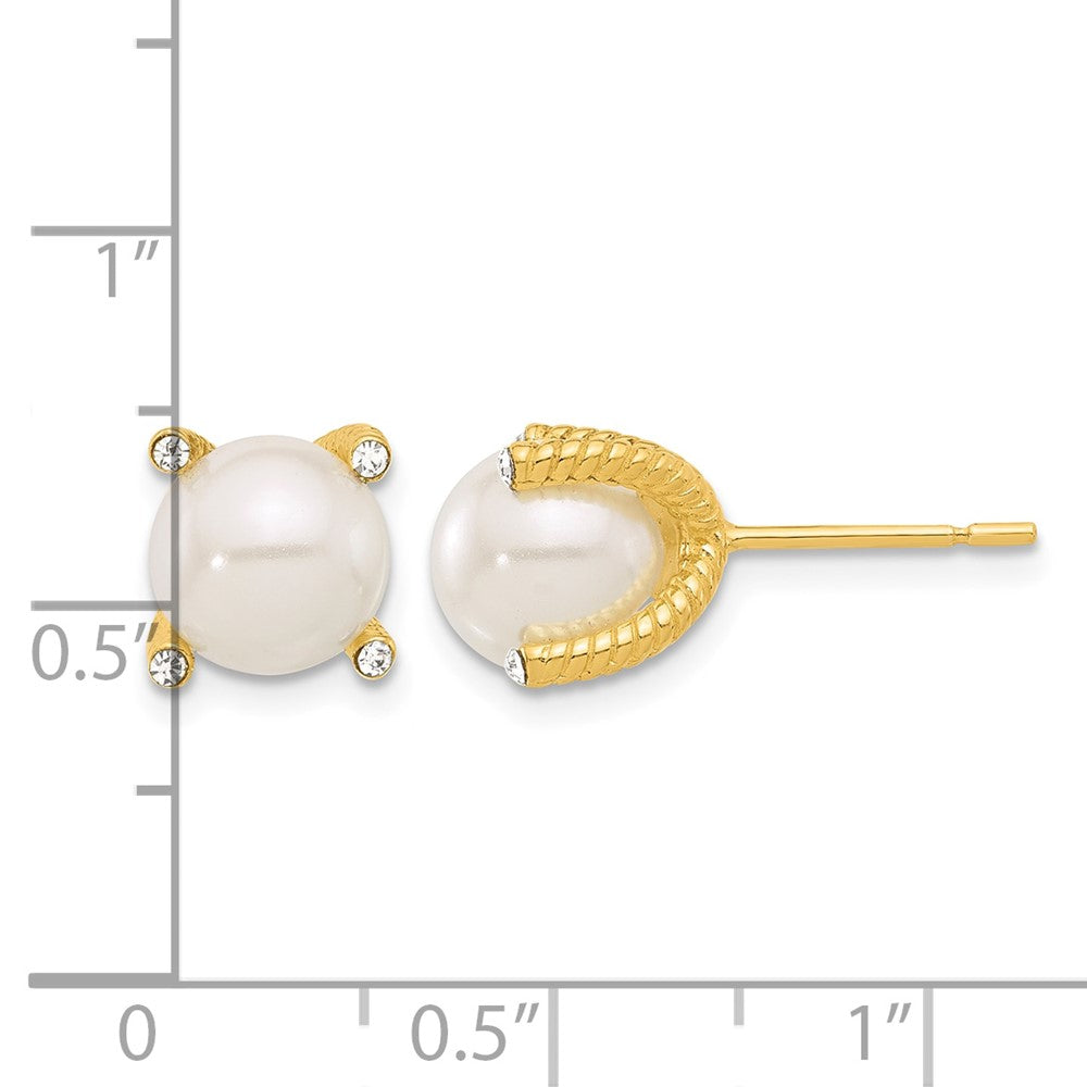 Sterling Silver Gold-tone Polished/Twisted CZ and Syn. Pearl Post Earrings