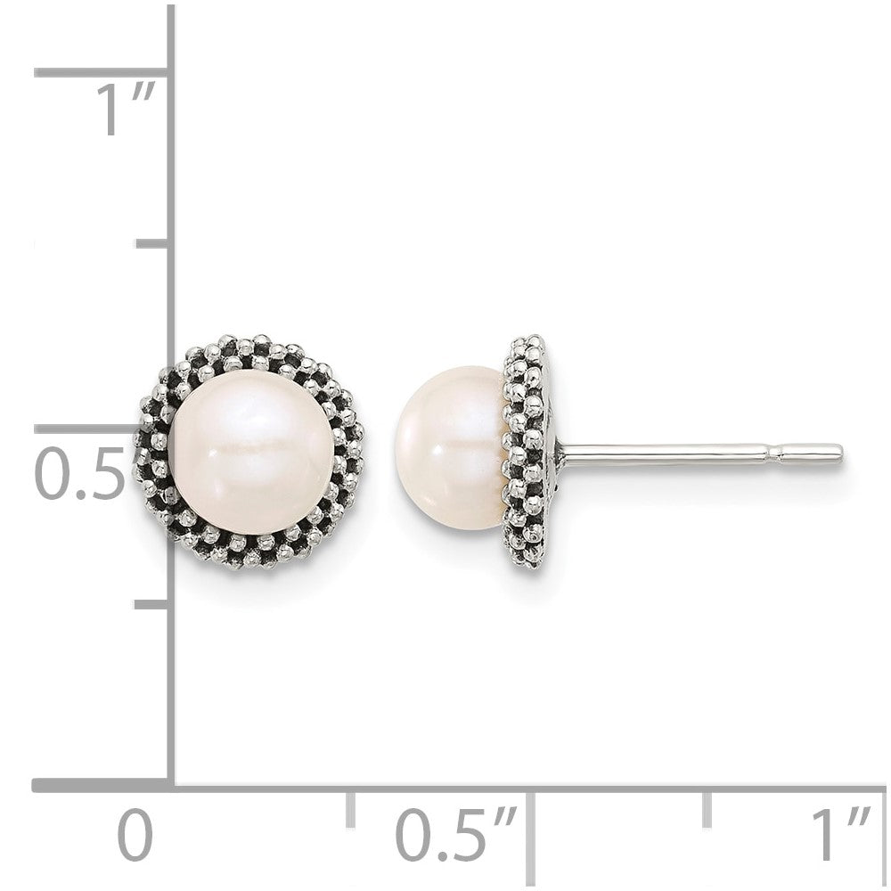 Sterling Silver Antiqued Beaded Synthetic Pearl Post Button Earrings