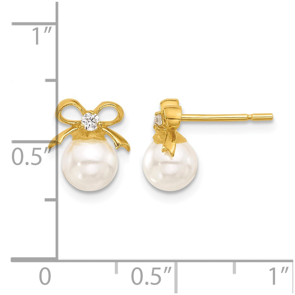 Sterling Silver Gold-tone Polished CZ and Synthetic Pearl Bow Post Earrings