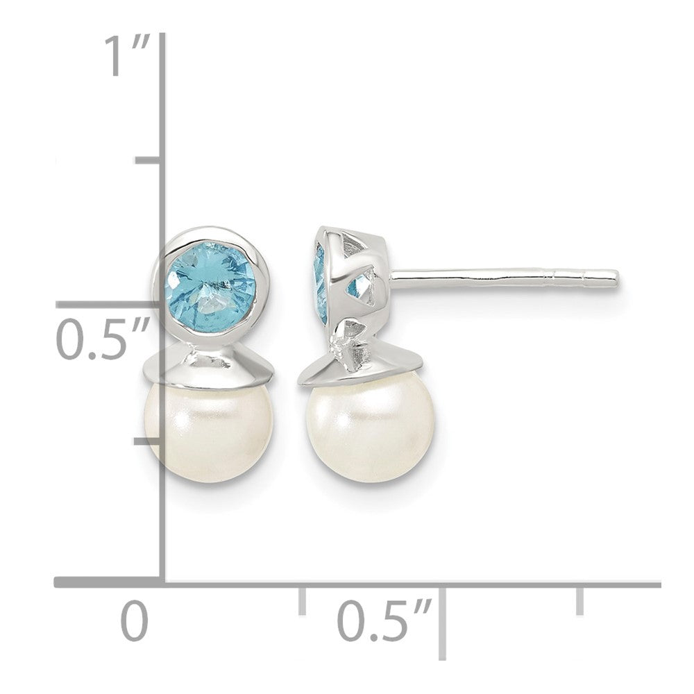 Sterling Silver Polished Blue CZ and 6-6.5mm Glass Pearl Post Earrings