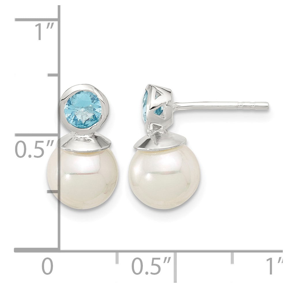 Sterling Silver Polished Blue CZ and 8-8.5mm Glass Pearl Post Earrings