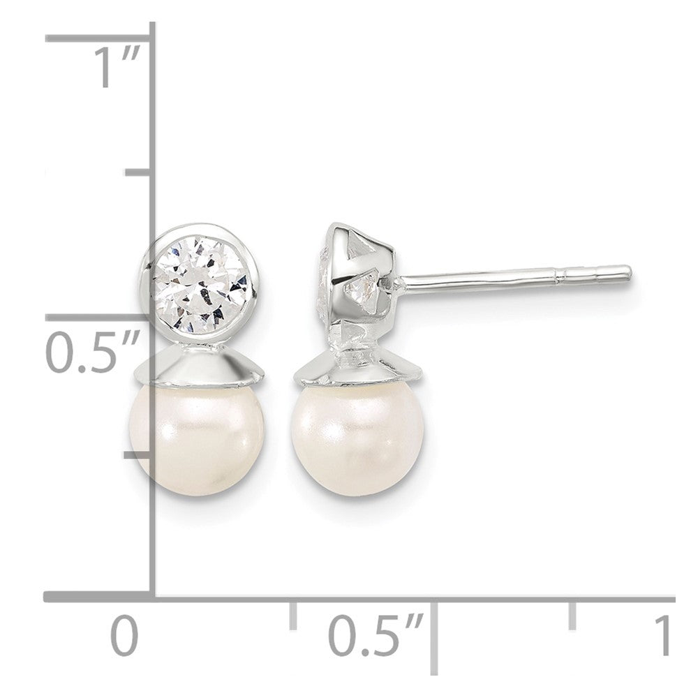 Sterling Silver Polished CZ and 6-6.5mm Glass Pearl Post Earrings