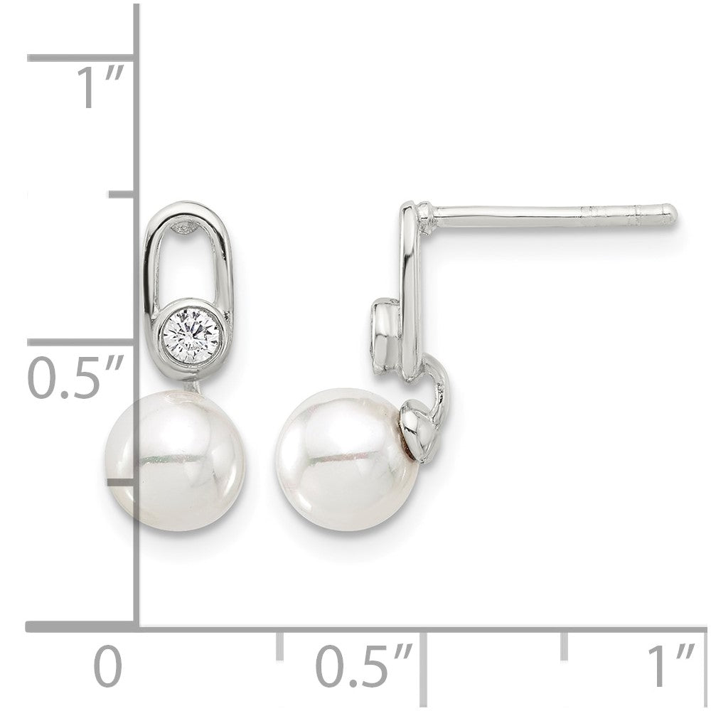 Sterling Silver E-coated Polished 6-7mm Shell Pearl and CZ Post Earrings