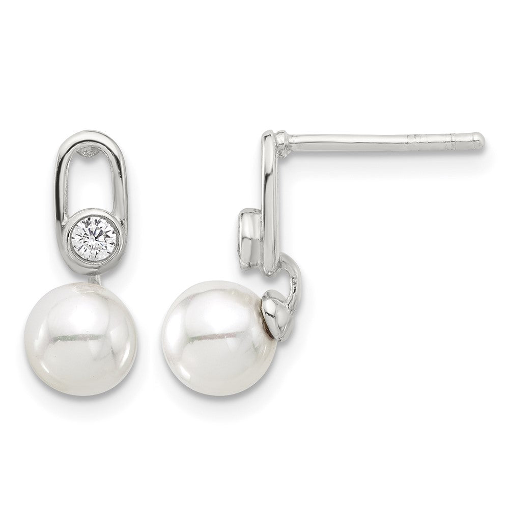 Sterling Silver E-coated Polished 6-7mm Shell Pearl and CZ Post Earrings