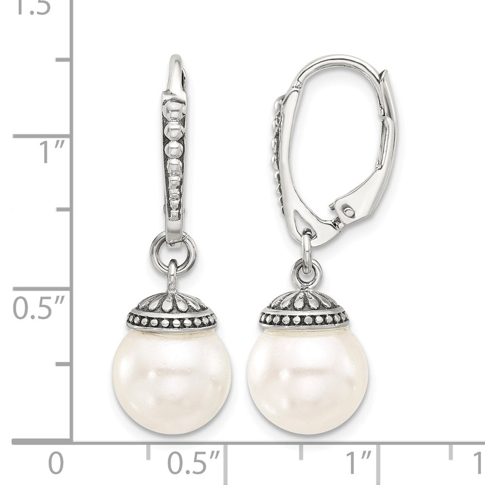 Sterling Silver Polished and Antiqued Syn. Pearl Leverback Dangle Earrings