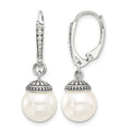 Sterling Silver Polished and Antiqued Syn. Pearl Leverback Dangle Earrings