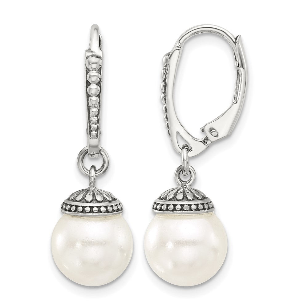 Sterling Silver Polished and Antiqued Syn. Pearl Leverback Dangle Earrings