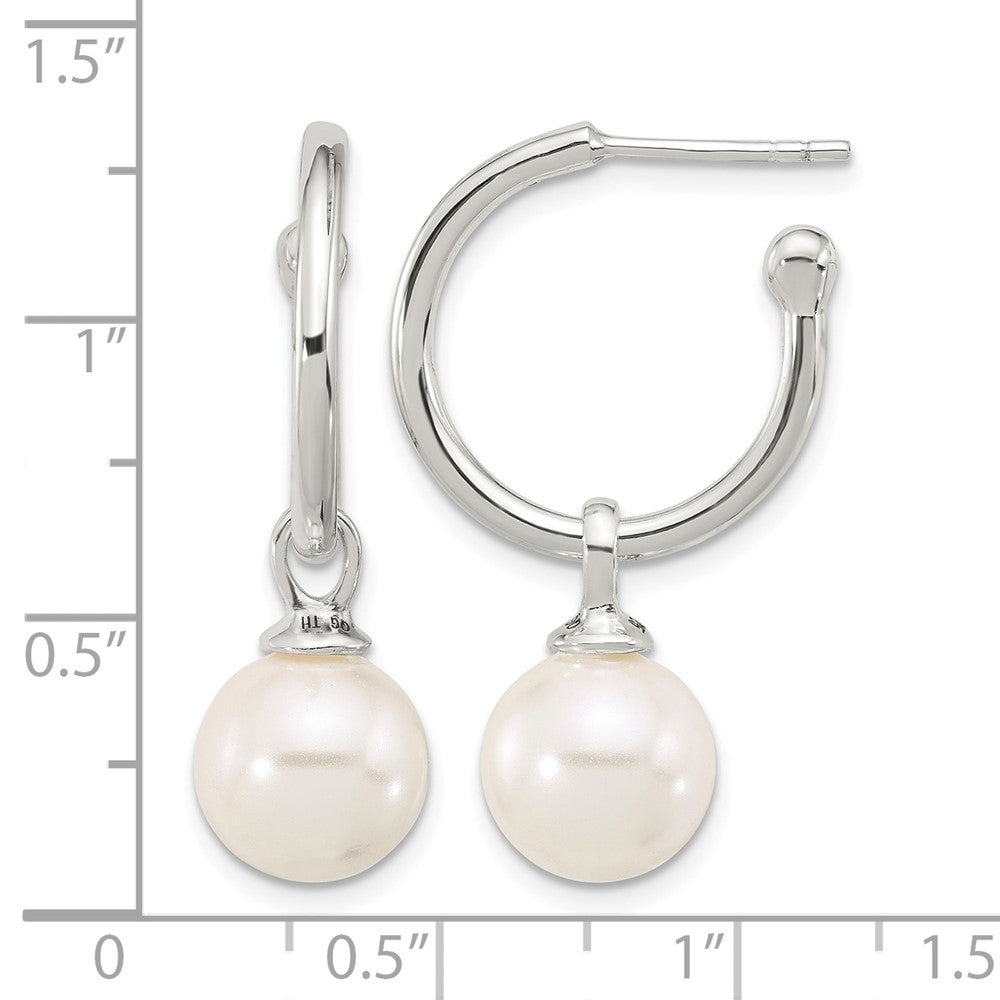 Sterling Silver Polished Dangling 10mm Glass Pearl Post C-Hoop Earrings