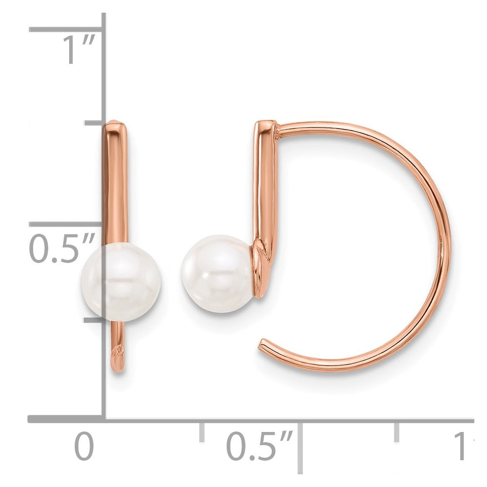 Sterling Silver Rose-tone Polished Synthetic Pearl Threader Hoop Earrings