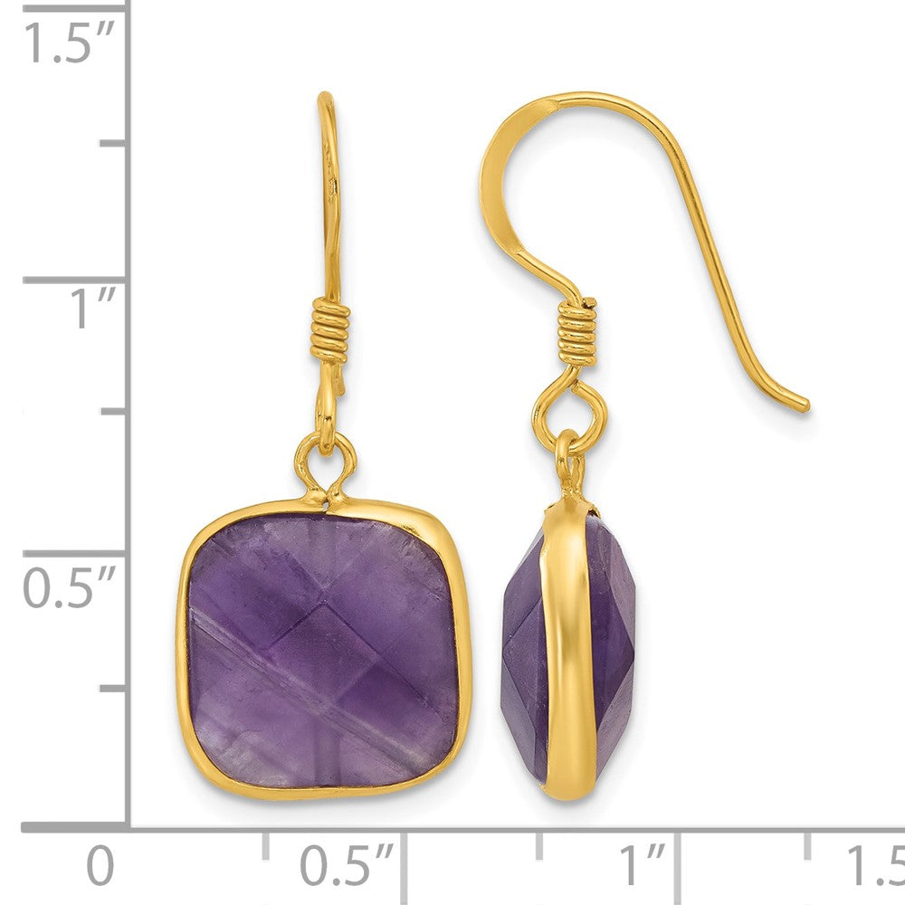 Sterling Silver Gold-plated Polished Cushion Amethyst Dangle Earrings