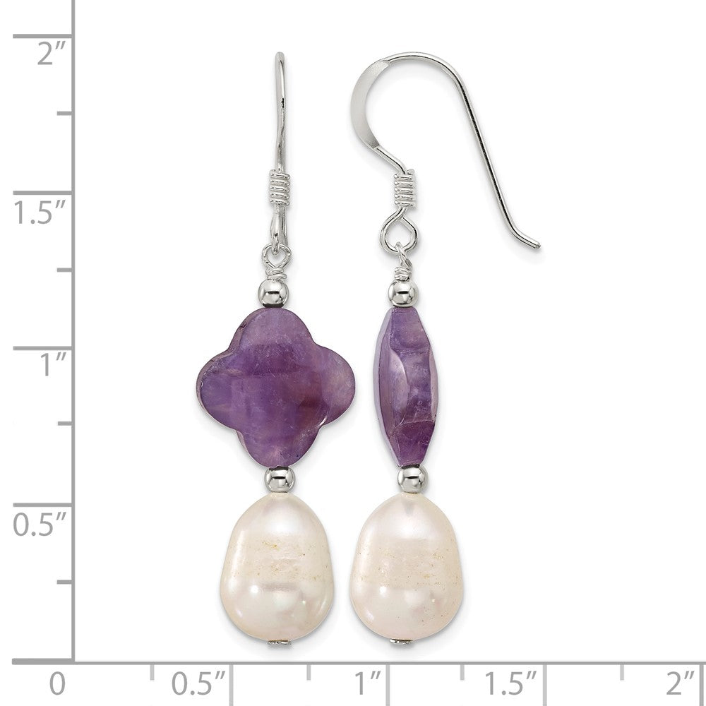 Sterling Silver Polished Amethyst Clover and FWC Pearl Dangle Earrings