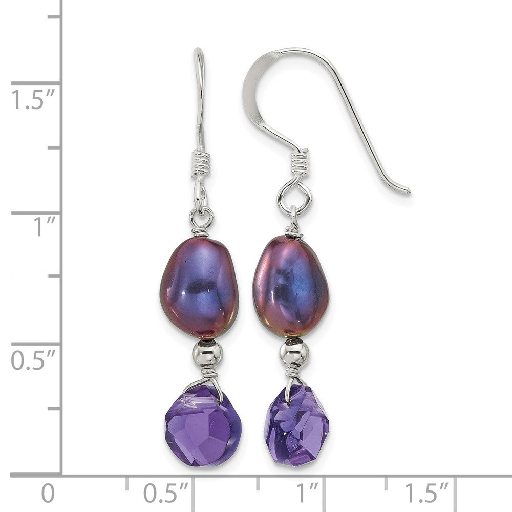 Sterling Silver Polished FWC Pearl and Purple Quartz Dangle Earrings