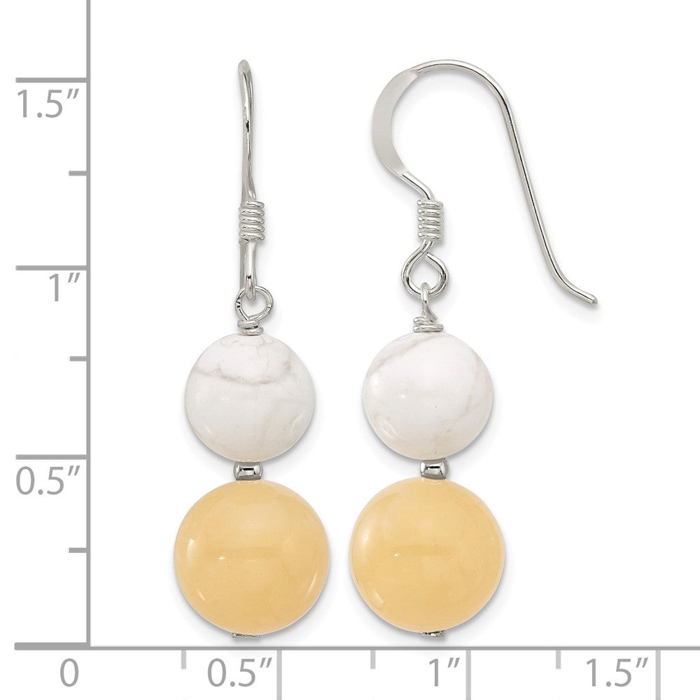 Sterling Silver Polished White Howlite and Yellow Jade Dangle Earrings