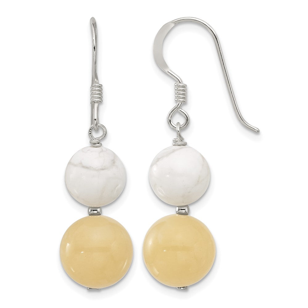 Sterling Silver Polished White Howlite and Yellow Jade Dangle Earrings