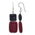 Sterling Silver Polished Black Agate and Red Jade Dangle Earrings