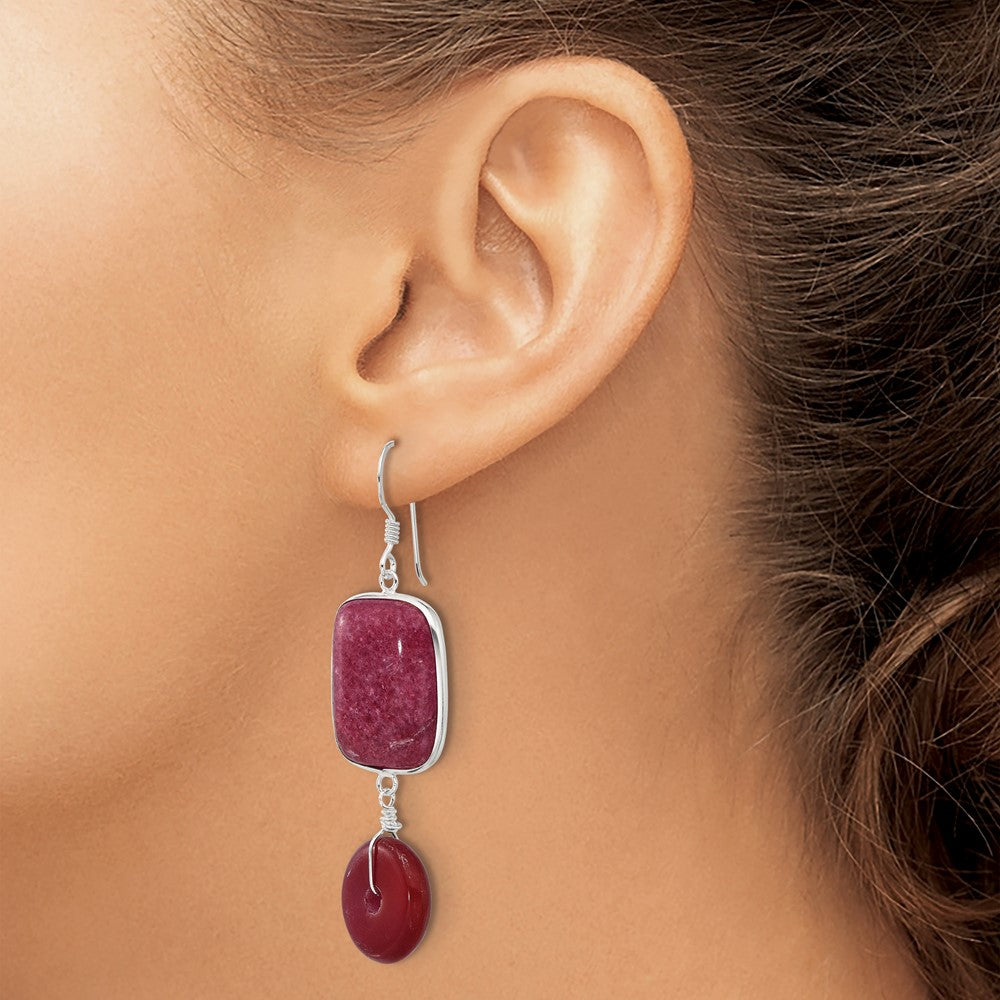 Sterling Silver Polished Carnelian and Red Jade Dangle Earrings