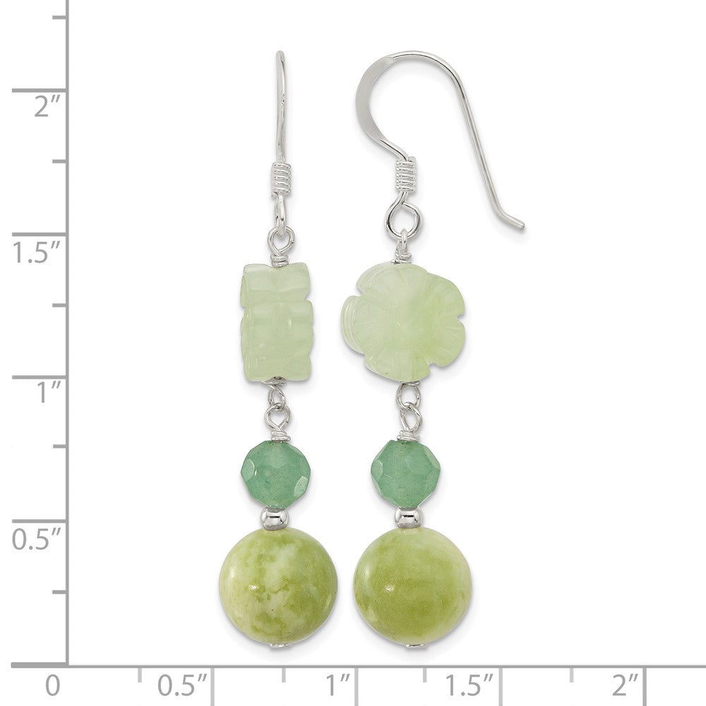 Sterling Silver Polished Aventurine & Jade Flower Dangle Earrings