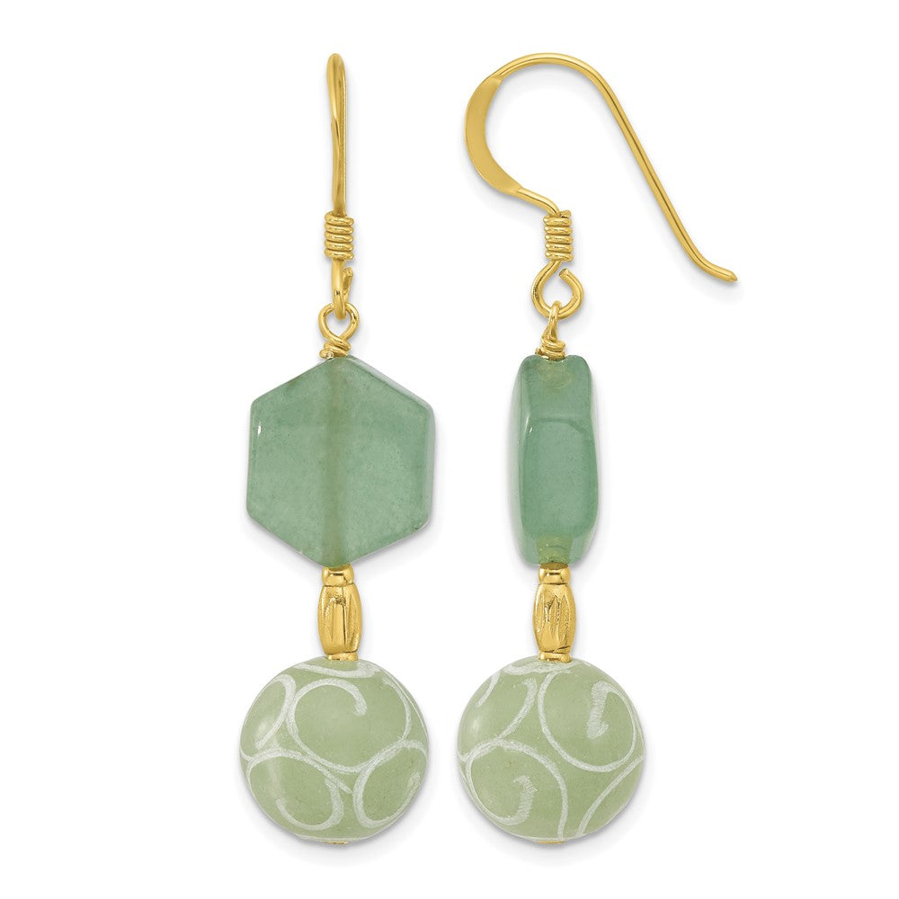 Sterling Silver Gold-pltd Hexagon Aventurine & Swirl Jade Dangle Earrings