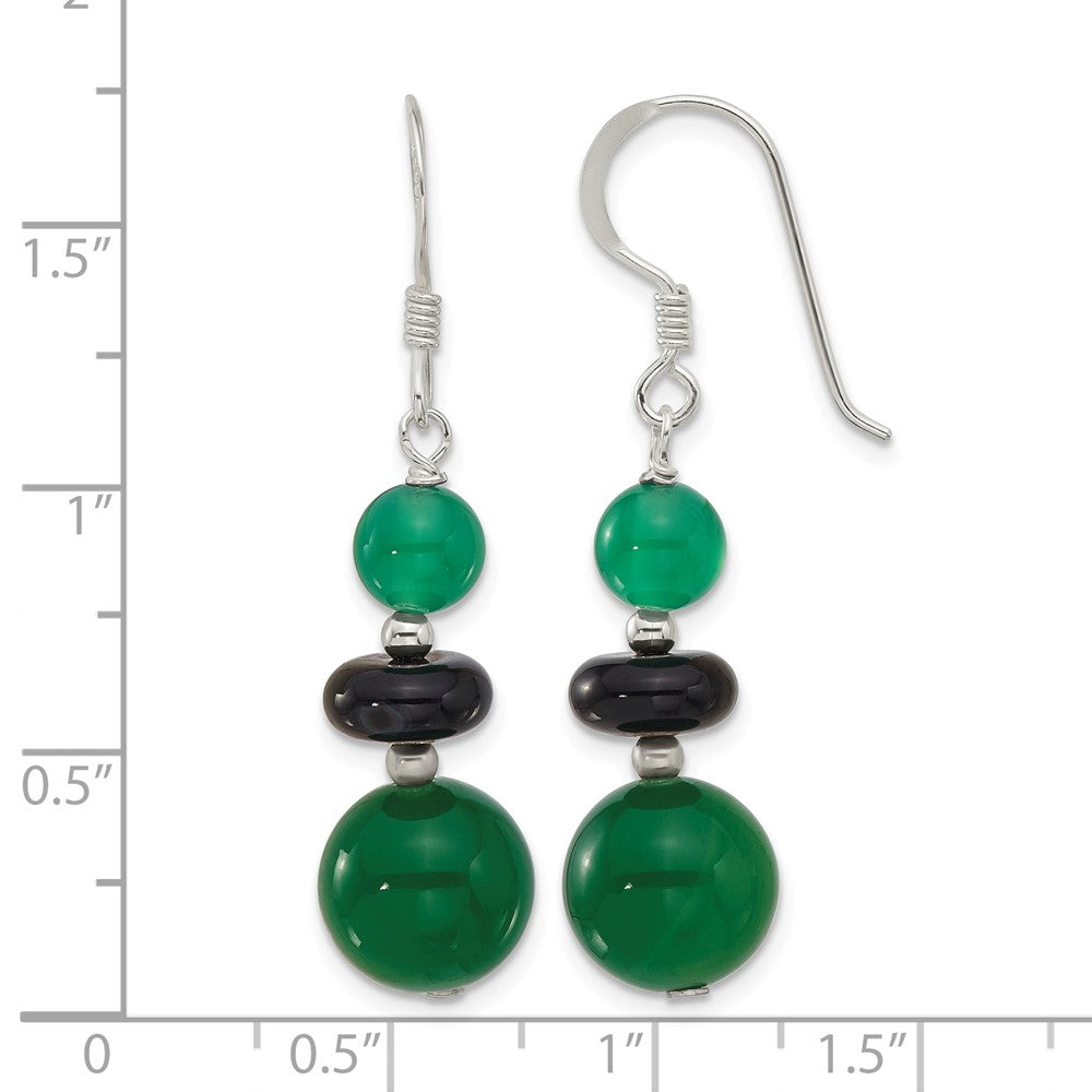 Sterling Silver Polished Black Agate & Green Quartz Beads Dangle Earrings