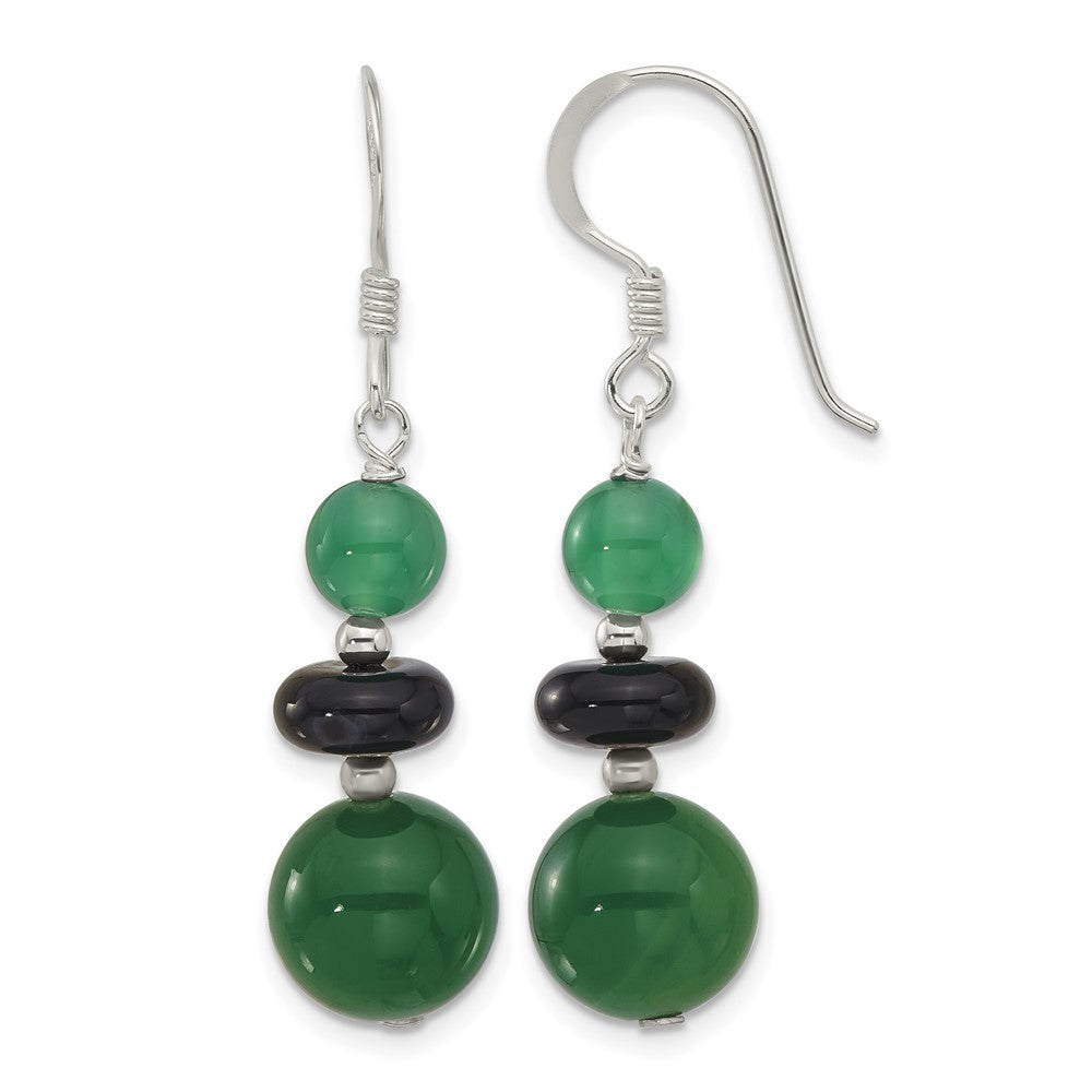 Sterling Silver Polished Black Agate & Green Quartz Beads Dangle Earrings