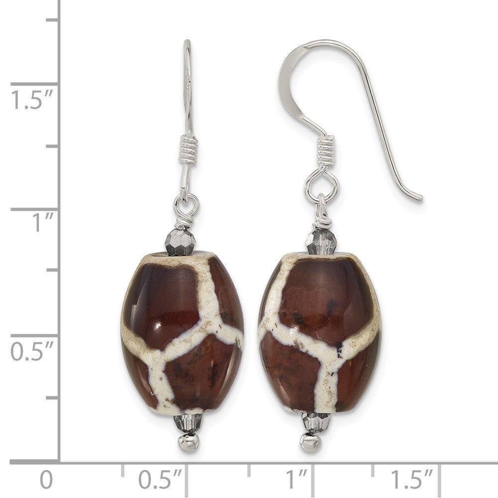 Sterling Silver Polished Patterned Black Agate & Crystal Dangle Earrings
