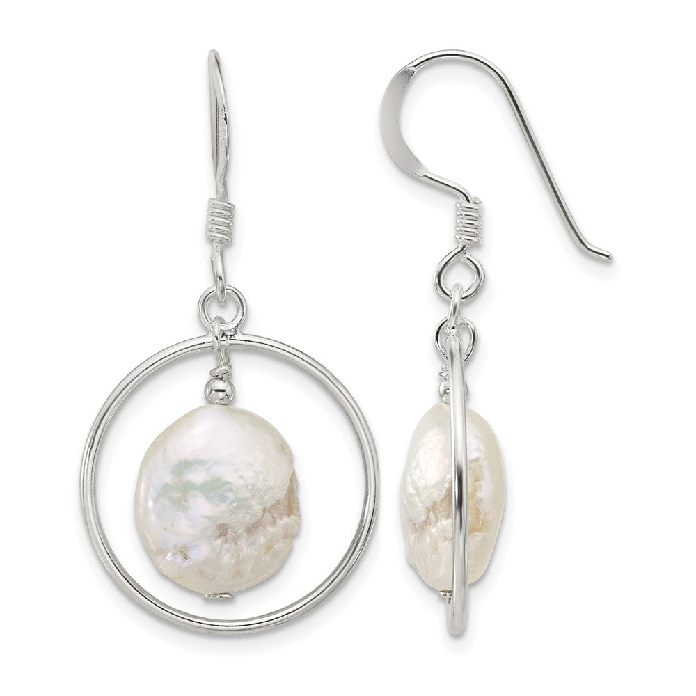 Sterling Silver Polished FWC Coin Pearl Circle Dangle Earrings