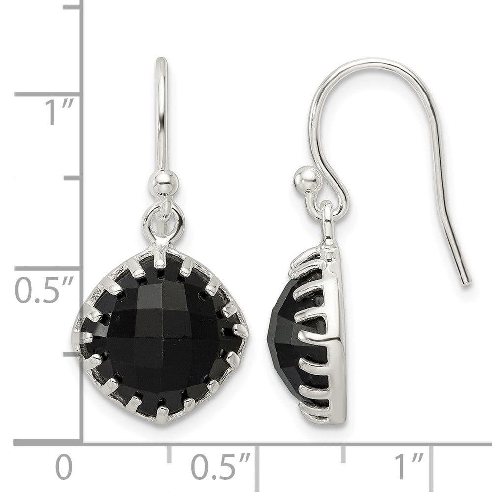 Sterling Silver Polished Checkerboard Onyx Cushion Dangle Earrings