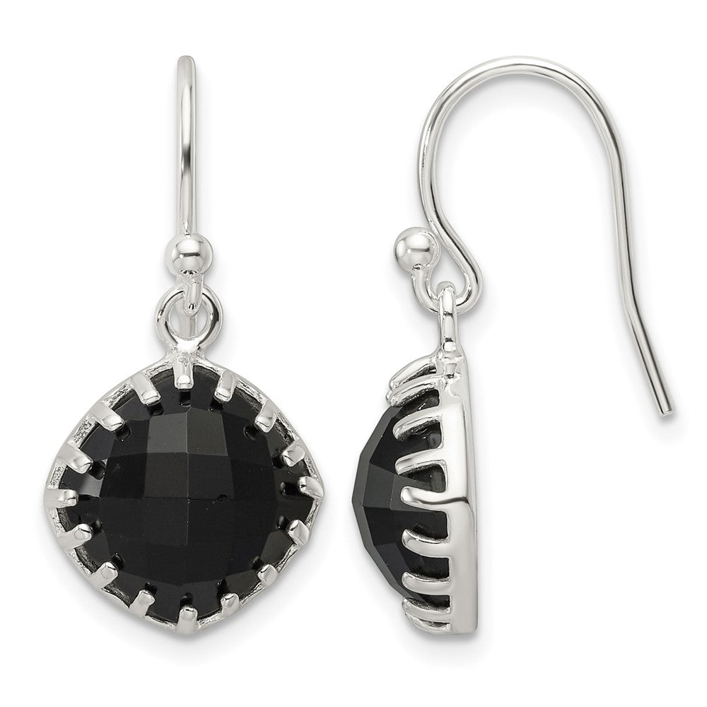 Sterling Silver Polished Checkerboard Onyx Cushion Dangle Earrings