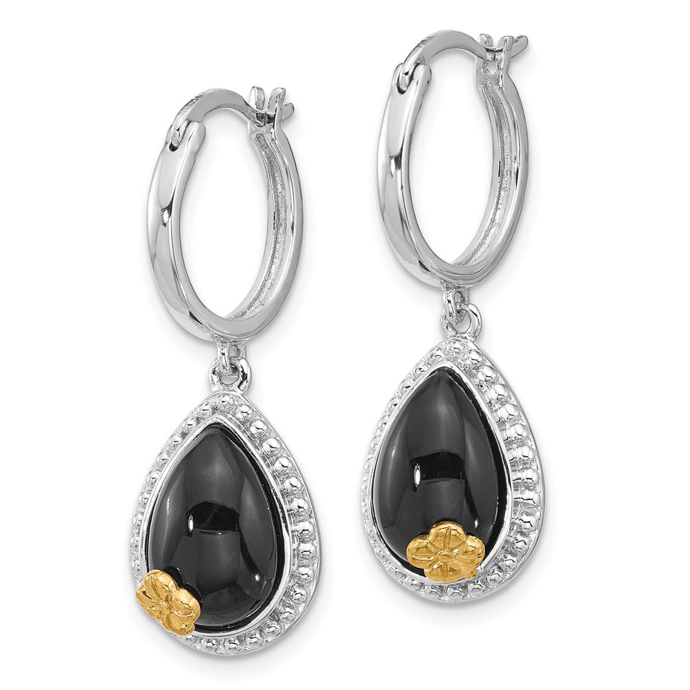Sterling Silver RH-pltd w/ 14k accent Flower Onyx Teardrop Dangle Earrings