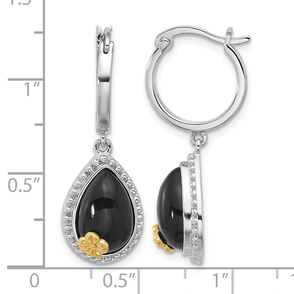 Sterling Silver RH-pltd w/ 14k accent Flower Onyx Teardrop Dangle Earrings