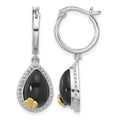 Sterling Silver RH-pltd w/ 14k accent Flower Onyx Teardrop Dangle Earrings