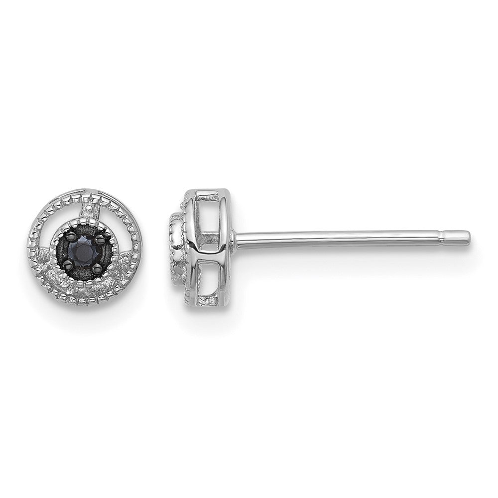 Sterling Silver RH-plated Polished/Beaded Black Spinel Circle Post Earrings