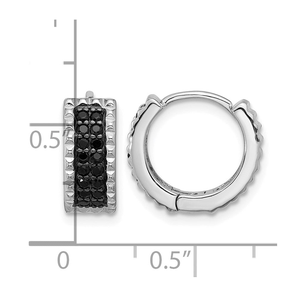 Sterling Silver RH-pltd Polished/Studded Black Spinel Hinged Hoop Earrings