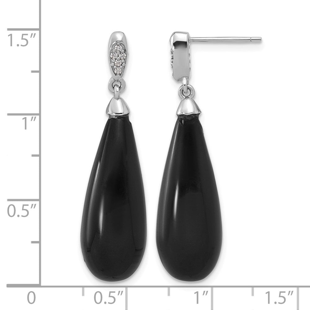 Sterling Silver RH-plated Polished CZ & Onyx Teardrop Post Dangle Earrings
