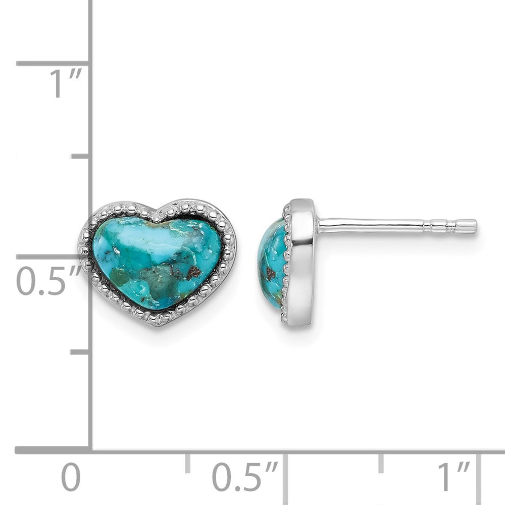 Sterling Silver RH-pltd Beaded Edge Recon. Turquoise Heart Post Earrings